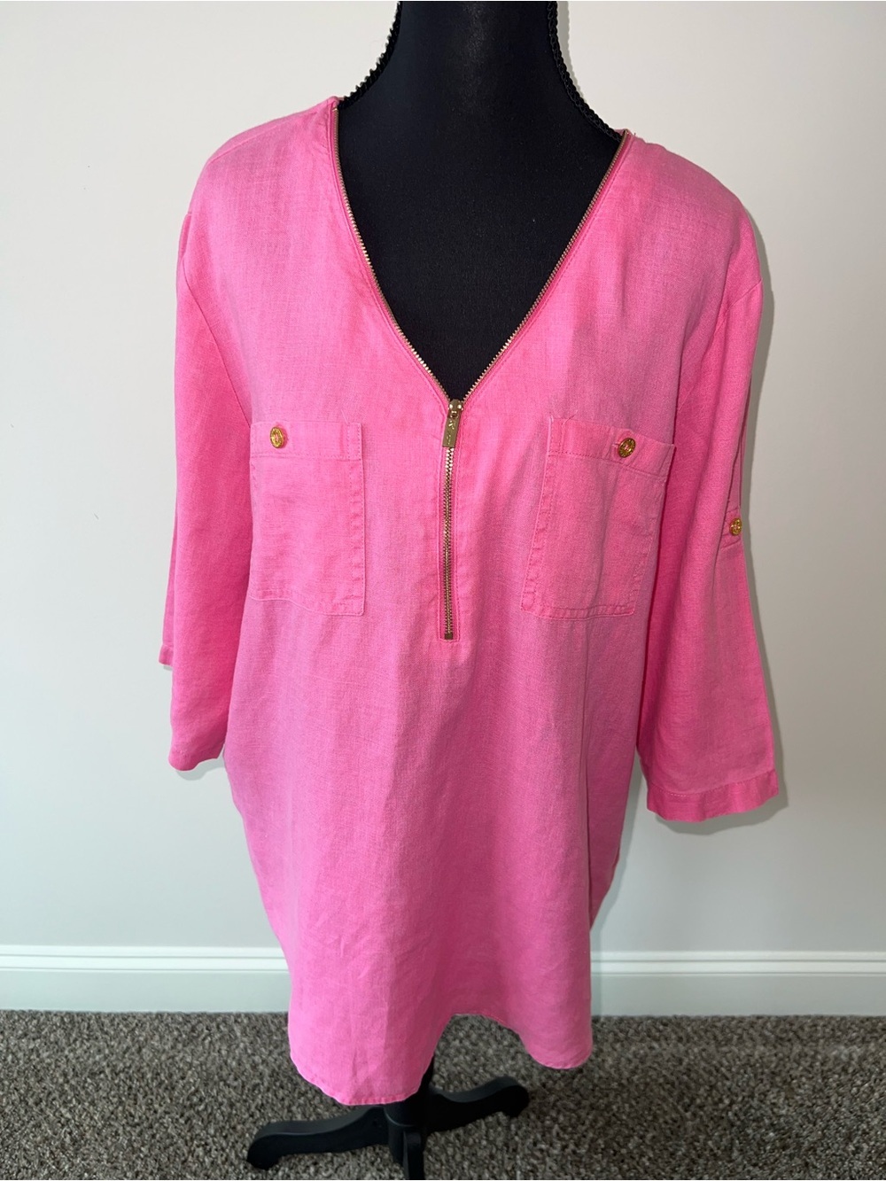 Women's Pink V-Neck Zip 100% Linen Tunic with Patch Pockets Gold Hardware